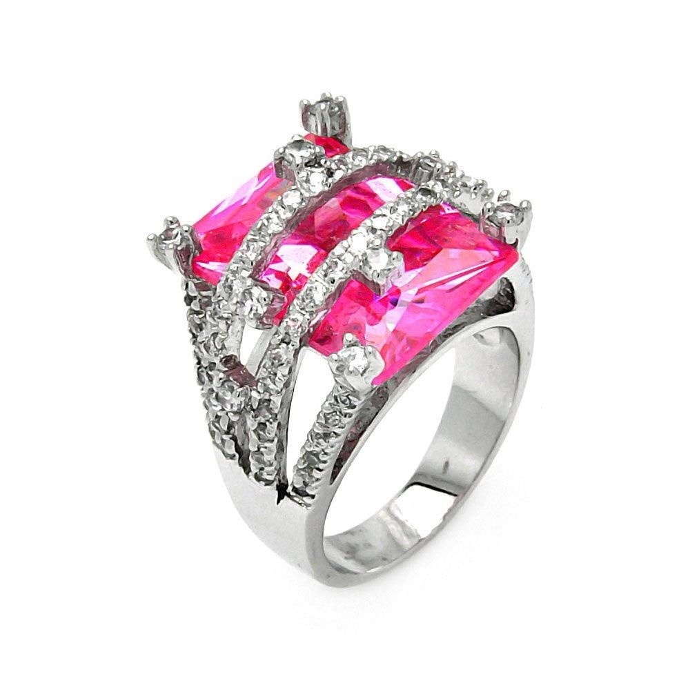 Sterling Silver 925 Rhodium Plated Large Rectangular Pink CZ Ring
